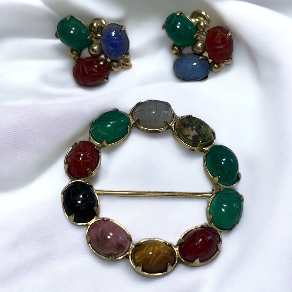 Vintage Scarab Stones Earrings & Brooch Set by D’ABROS